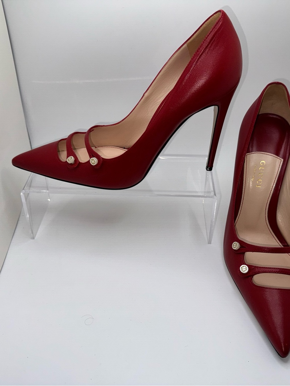 Gucci Malaga Kid Leather Double Strap Pumps Heels Red 39.5 - Picture 7 of 13